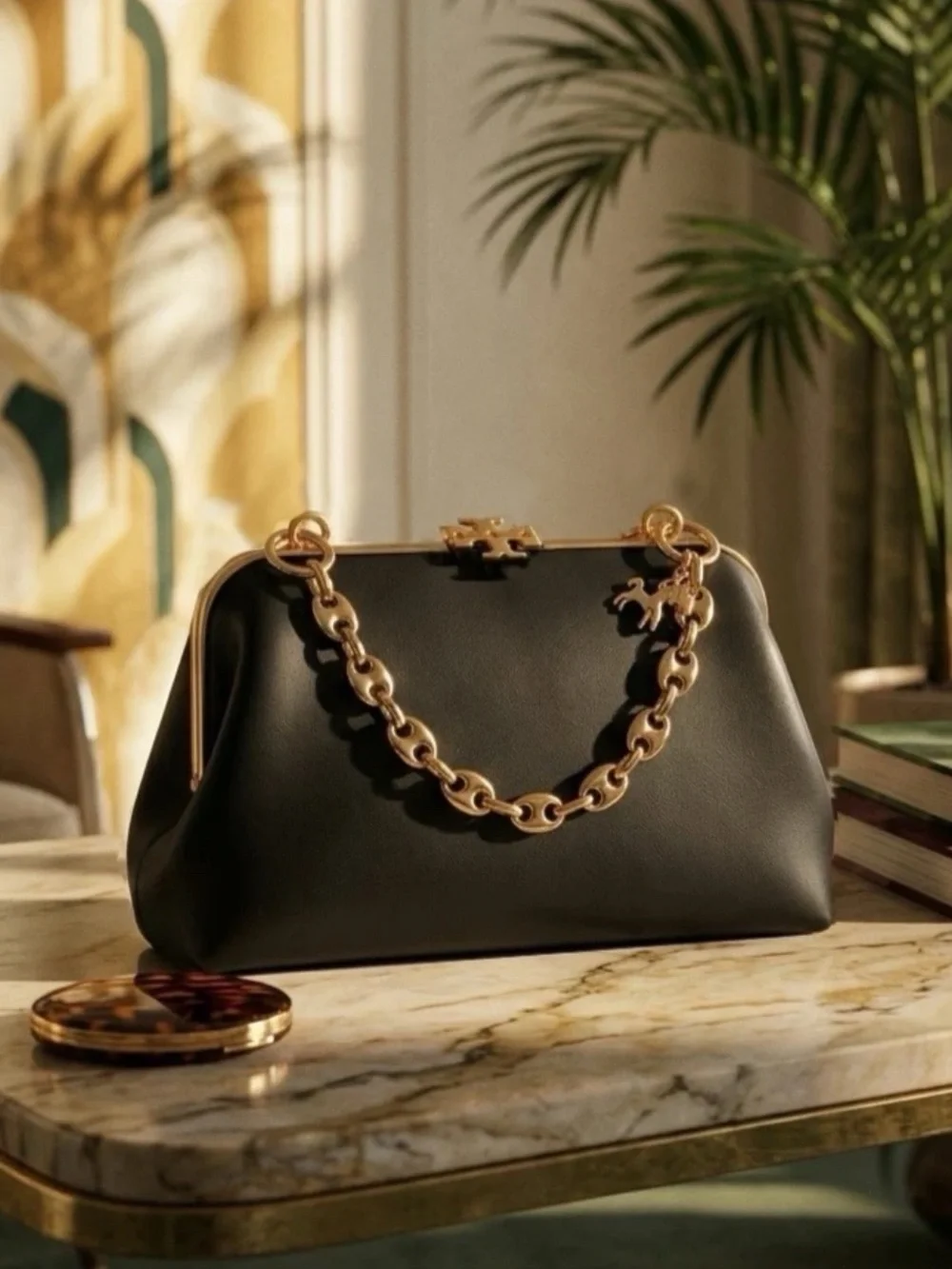 NEW Tory Burch Cleo Black Leather Small Kiss Lock Chain Handbag/Crossbody Bag
